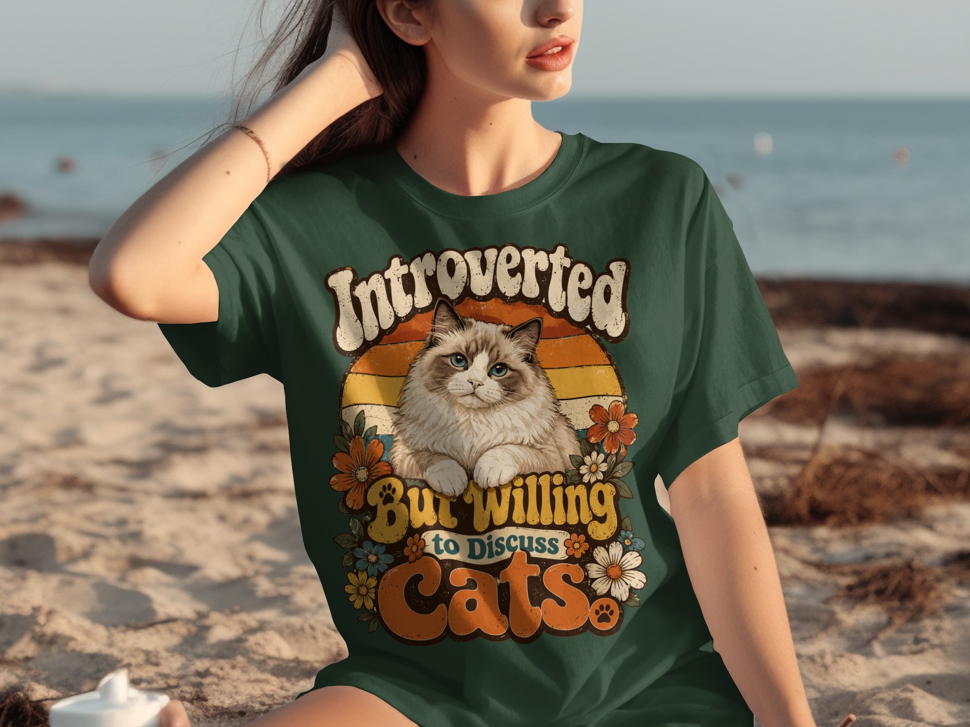 Introverted But Willing to Discuss Cats T-Shirt, Funny Introvert Cat Lover Tee, Vintage Retro 70s Style Fluffy Cat Shirt, Groovy Pet Owner - Image 4