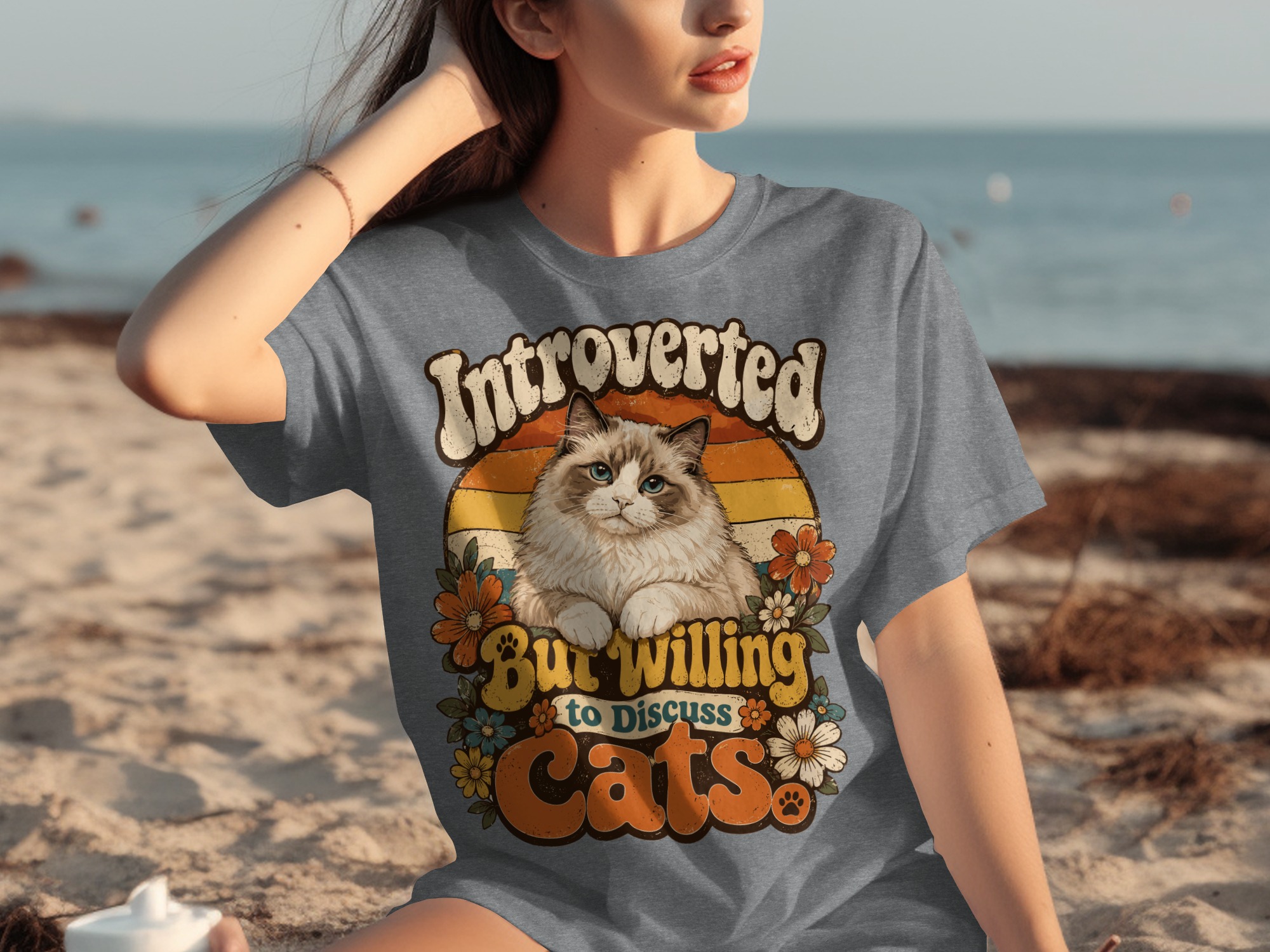 Introverted But Willing to Discuss Cats T-Shirt, Funny Introvert Cat Lover Tee, Vintage Retro 70s Style Fluffy Cat Shirt, Groovy Pet Owner - Image 5
