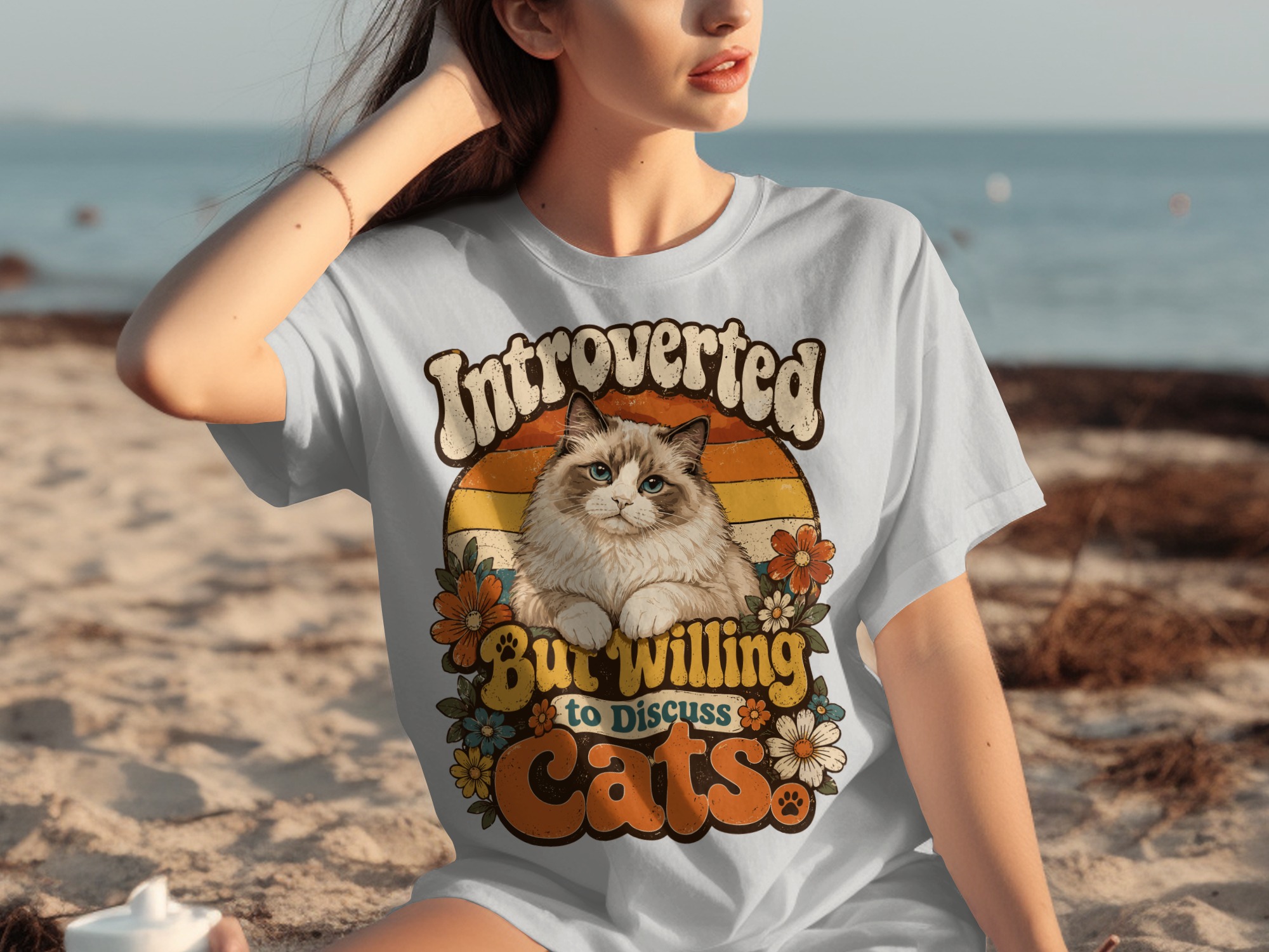 Introverted But Willing to Discuss Cats T-Shirt, Funny Introvert Cat Lover Tee, Vintage Retro 70s Style Fluffy Cat Shirt, Groovy Pet Owner - Image 6