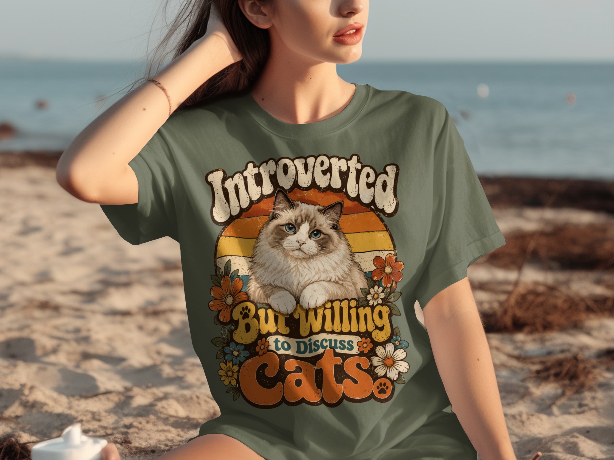 Introverted But Willing to Discuss Cats T-Shirt, Funny Introvert Cat Lover Tee, Vintage Retro 70s Style Fluffy Cat Shirt, Groovy Pet Owner - Image 7
