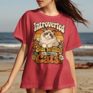 Introverted But Willing to Discuss Cats T-Shirt, Funny Introvert Cat Lover Tee, Vintage Retro 70s Style Fluffy Cat Shirt, Groovy Pet Owner