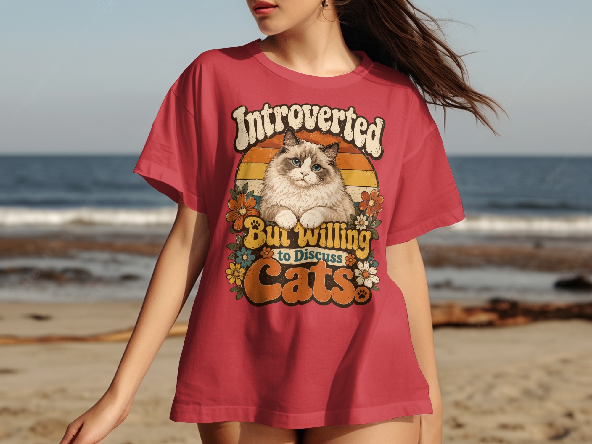 Introverted But Willing to Discuss Cats T-Shirt, Funny Introvert Cat Lover Tee, Vintage Retro 70s Style Fluffy Cat Shirt, Groovy Pet Owner