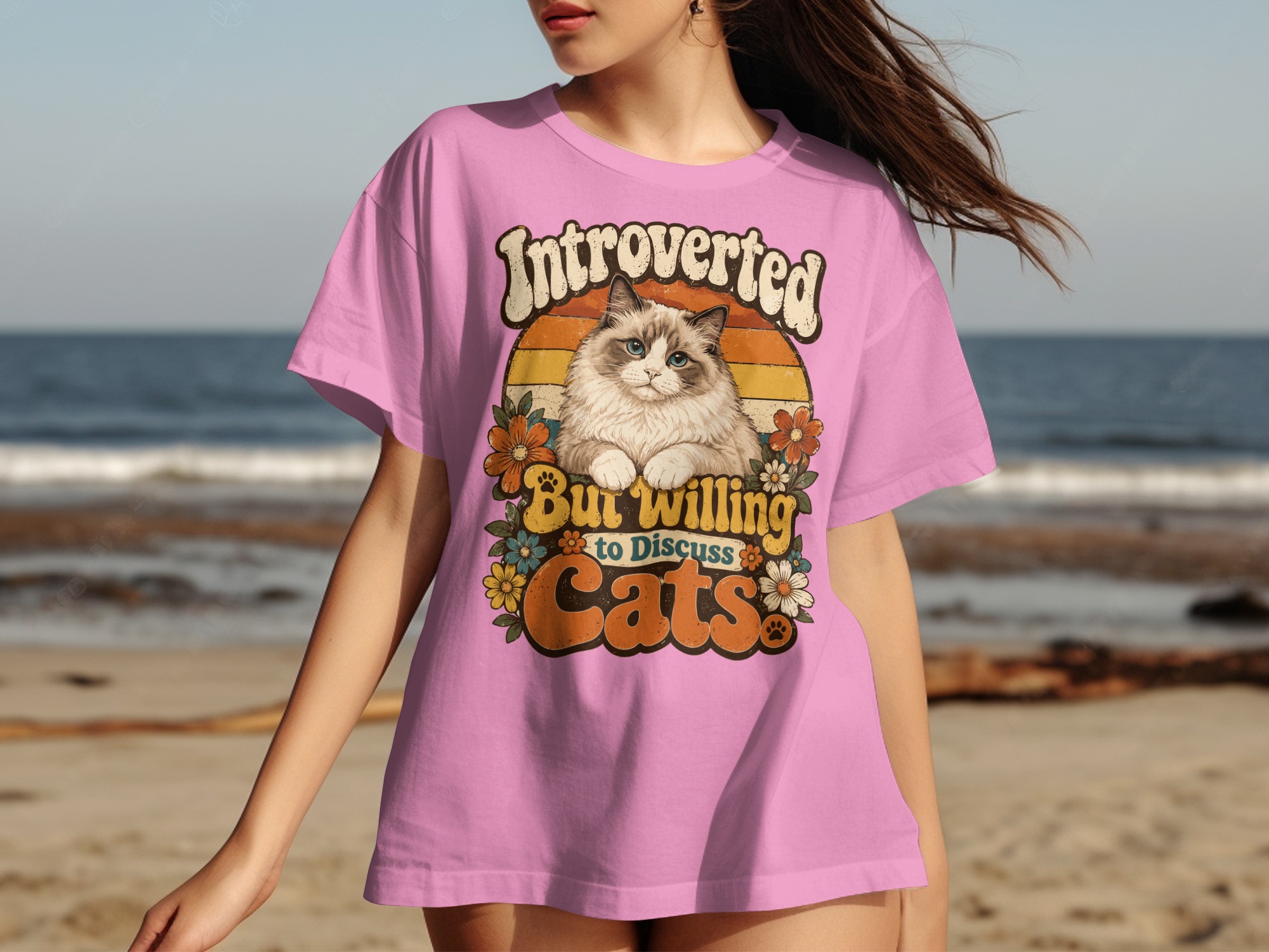 Introverted But Willing to Discuss Cats T-Shirt, Funny Introvert Cat Lover Tee, Vintage Retro 70s Style Fluffy Cat Shirt, Groovy Pet Owner - Image 17