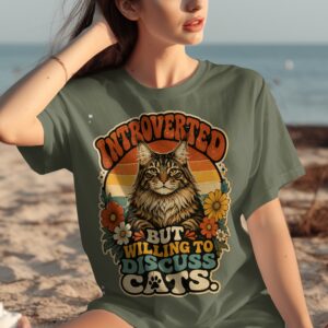 Introverted But Willing to Discuss Cats Shirt, Retro Cat Lover Tee, Funny Introvert Gift, Maine Coon Cat Mom T-Shirt, Vintage Boho Feline