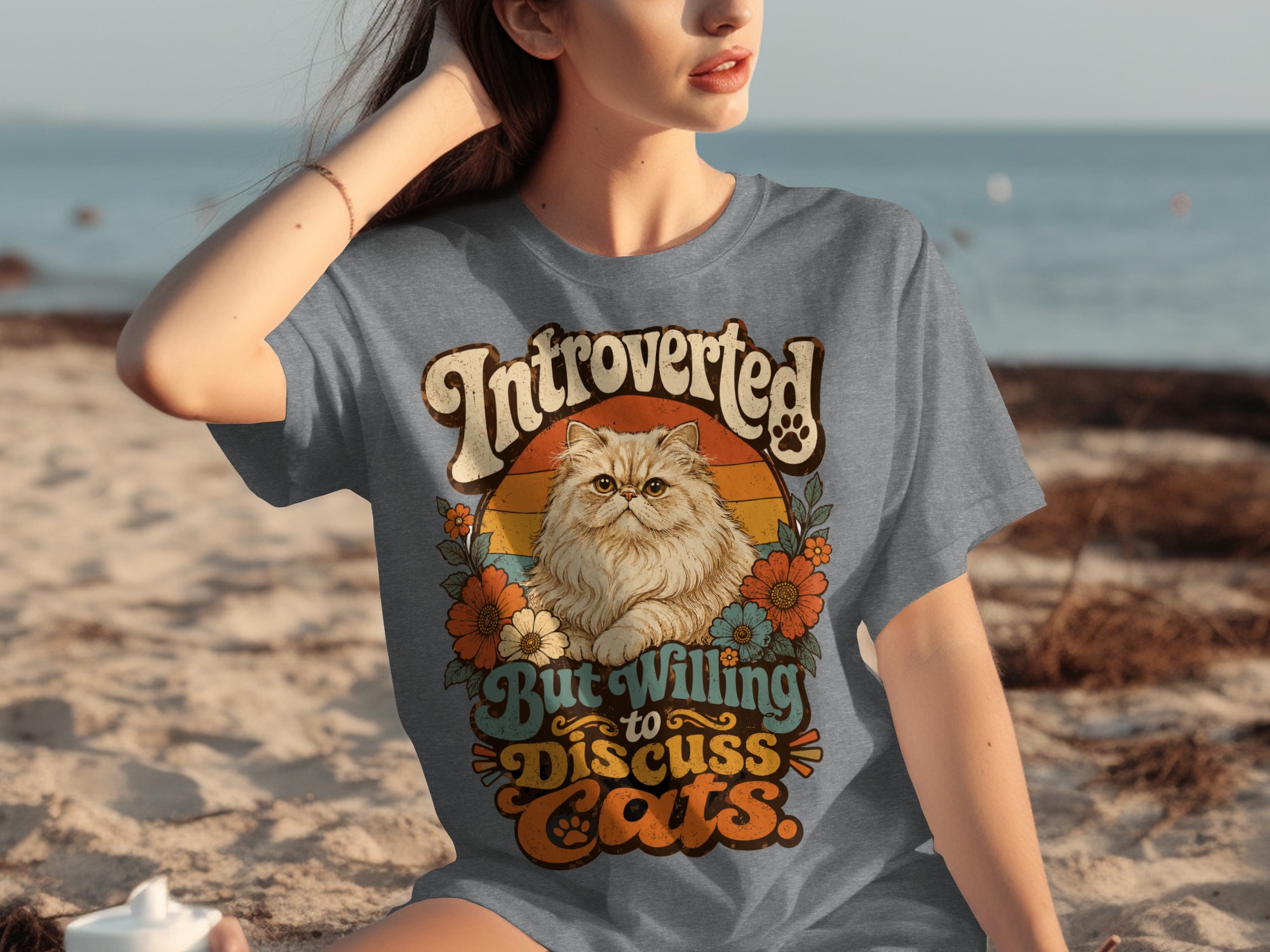Introverted But Willing to Discuss Cats T-Shirt | Retro Cat Lover Tee | Funny Persian Cat Mom Gift | Vintage Pet Owner Aesthetic Shirt - Image 4