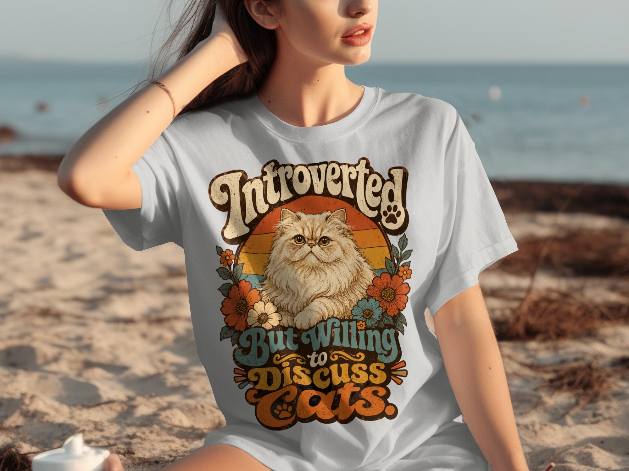 Introverted But Willing to Discuss Cats T-Shirt | Retro Cat Lover Tee | Funny Persian Cat Mom Gift | Vintage Pet Owner Aesthetic Shirt - Image 5