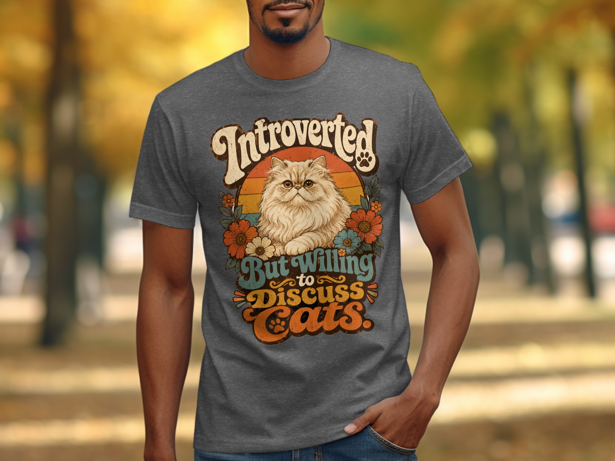 Introverted But Willing to Discuss Cats T-Shirt | Retro Cat Lover Tee | Funny Persian Cat Mom Gift | Vintage Pet Owner Aesthetic Shirt - Image 7
