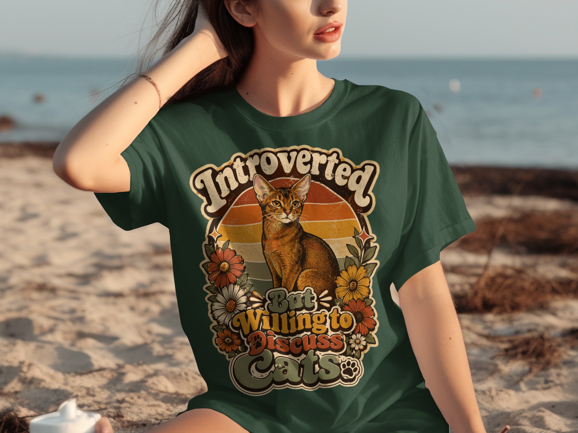 Introverted But Willing To Discuss Cats T-Shirt | Retro Cat Lover Shirt, Funny Cat Mom Gift, Vintage Pet Owner Tee, Boho Floral Kitty - Image 4