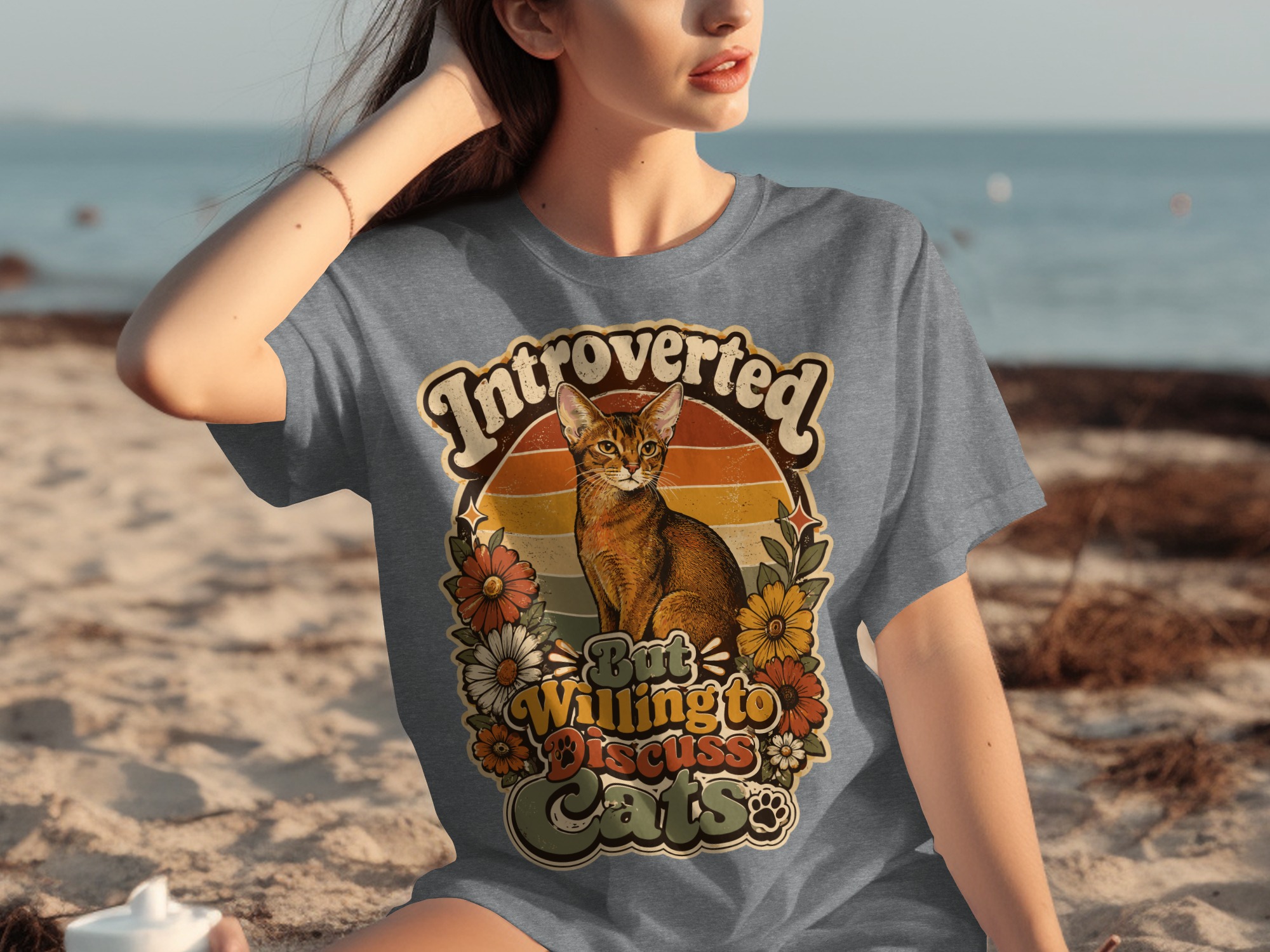 Introverted But Willing To Discuss Cats T-Shirt | Retro Cat Lover Shirt, Funny Cat Mom Gift, Vintage Pet Owner Tee, Boho Floral Kitty - Image 5