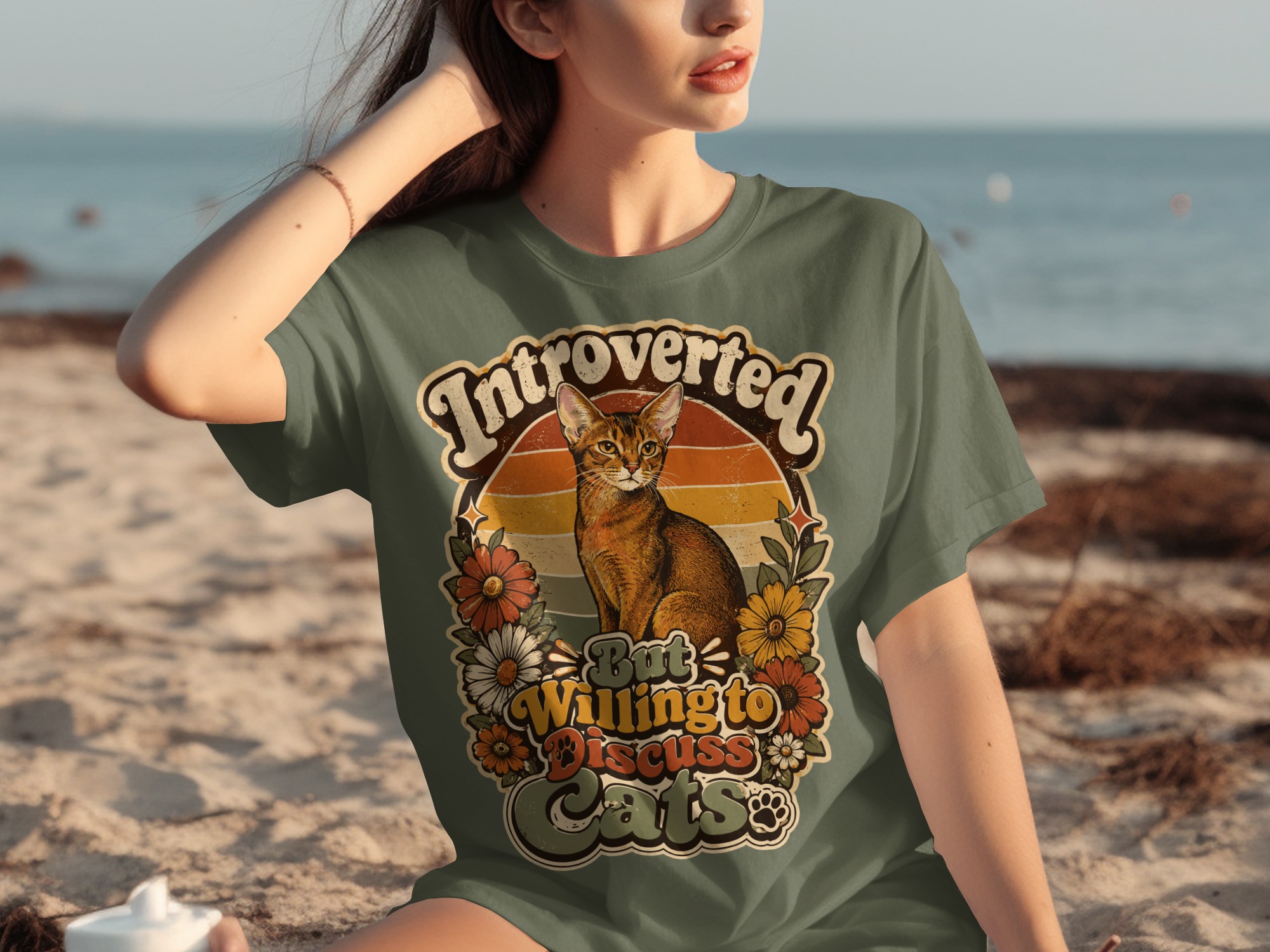 Introverted But Willing To Discuss Cats T-Shirt | Retro Cat Lover Shirt, Funny Cat Mom Gift, Vintage Pet Owner Tee, Boho Floral Kitty - Image 6