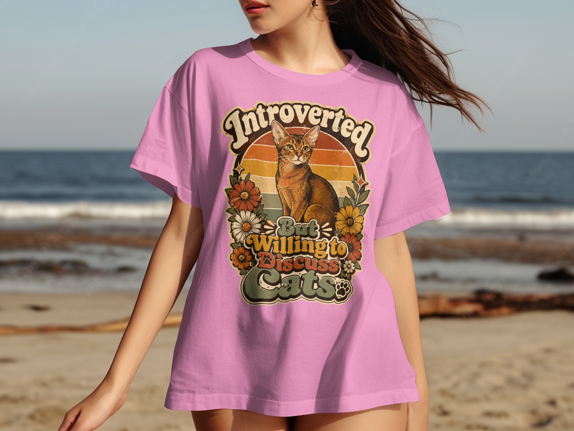 Introverted But Willing To Discuss Cats T-Shirt | Retro Cat Lover Shirt, Funny Cat Mom Gift, Vintage Pet Owner Tee, Boho Floral Kitty - Image 17