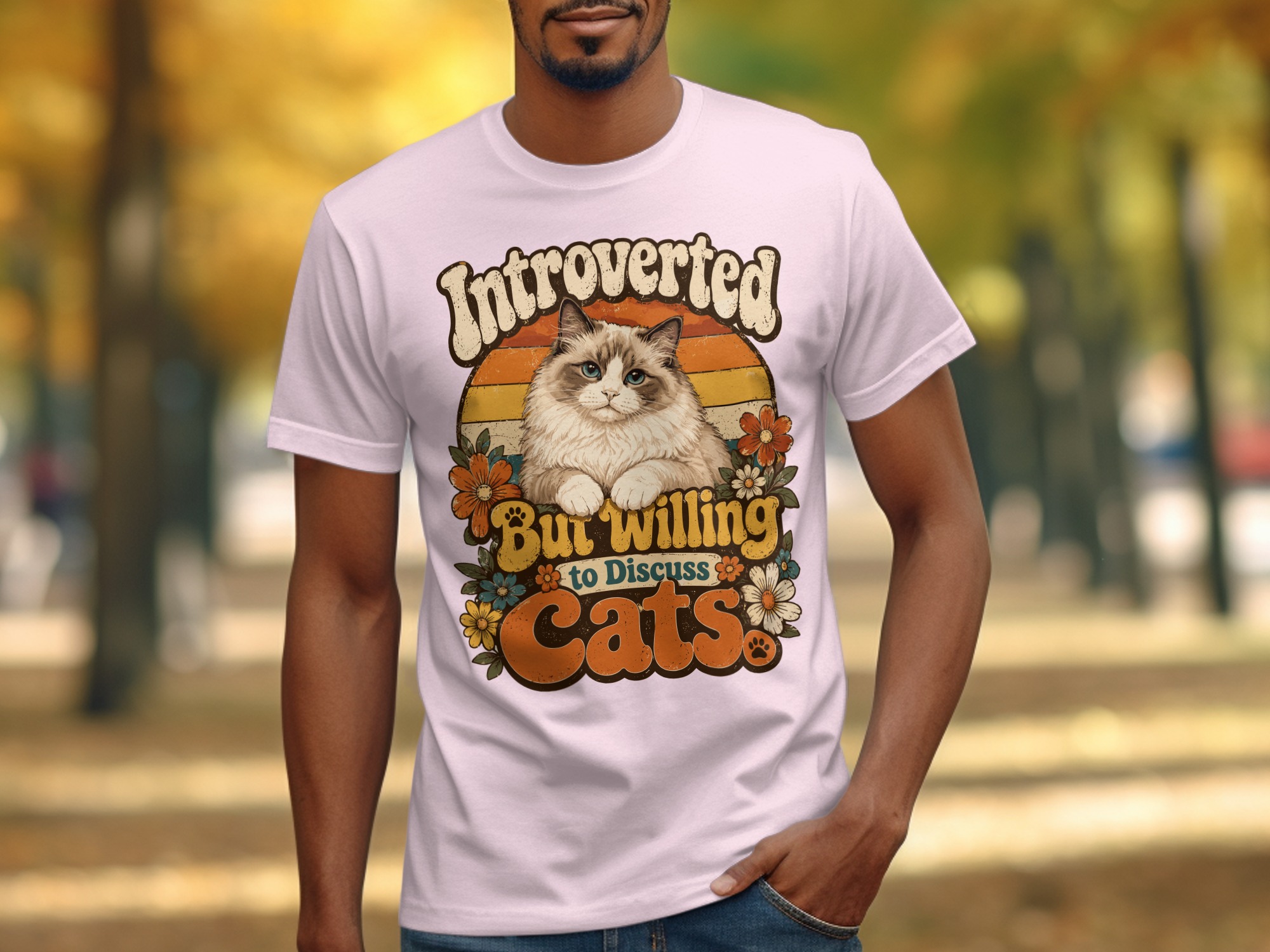 Introverted But Willing to Discuss Cats T-Shirt, Funny Introvert Cat Lover Tee, Vintage Retro 70s Style Fluffy Cat Shirt, Groovy Pet Owner - Image 9