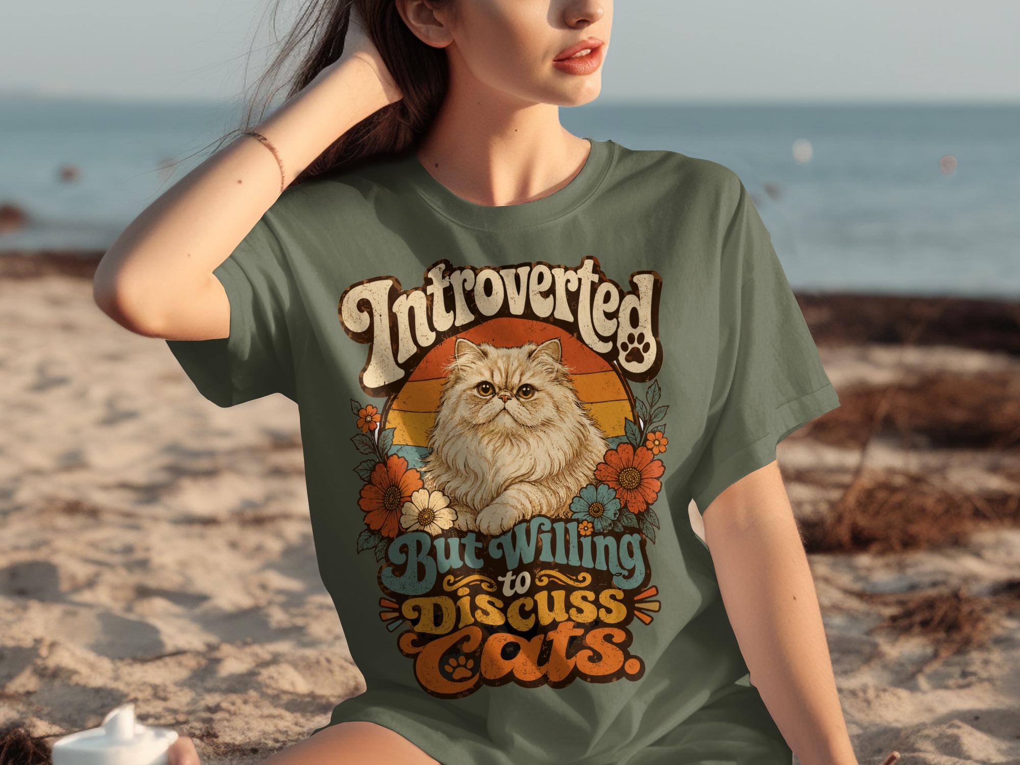 Introverted But Willing to Discuss Cats T-Shirt | Retro Cat Lover Tee | Funny Persian Cat Mom Gift | Vintage Pet Owner Aesthetic Shirt - Image 6
