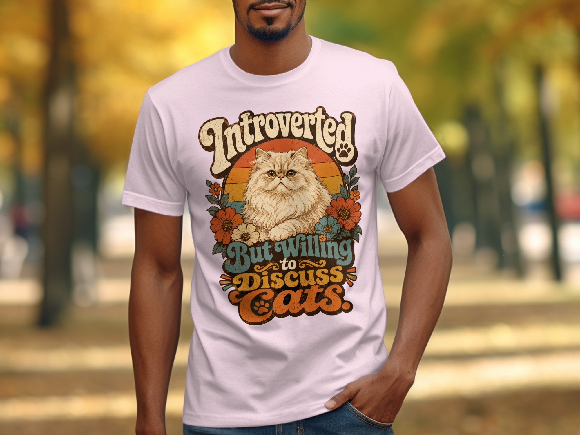 Introverted But Willing to Discuss Cats T-Shirt | Retro Cat Lover Tee | Funny Persian Cat Mom Gift | Vintage Pet Owner Aesthetic Shirt - Image 8