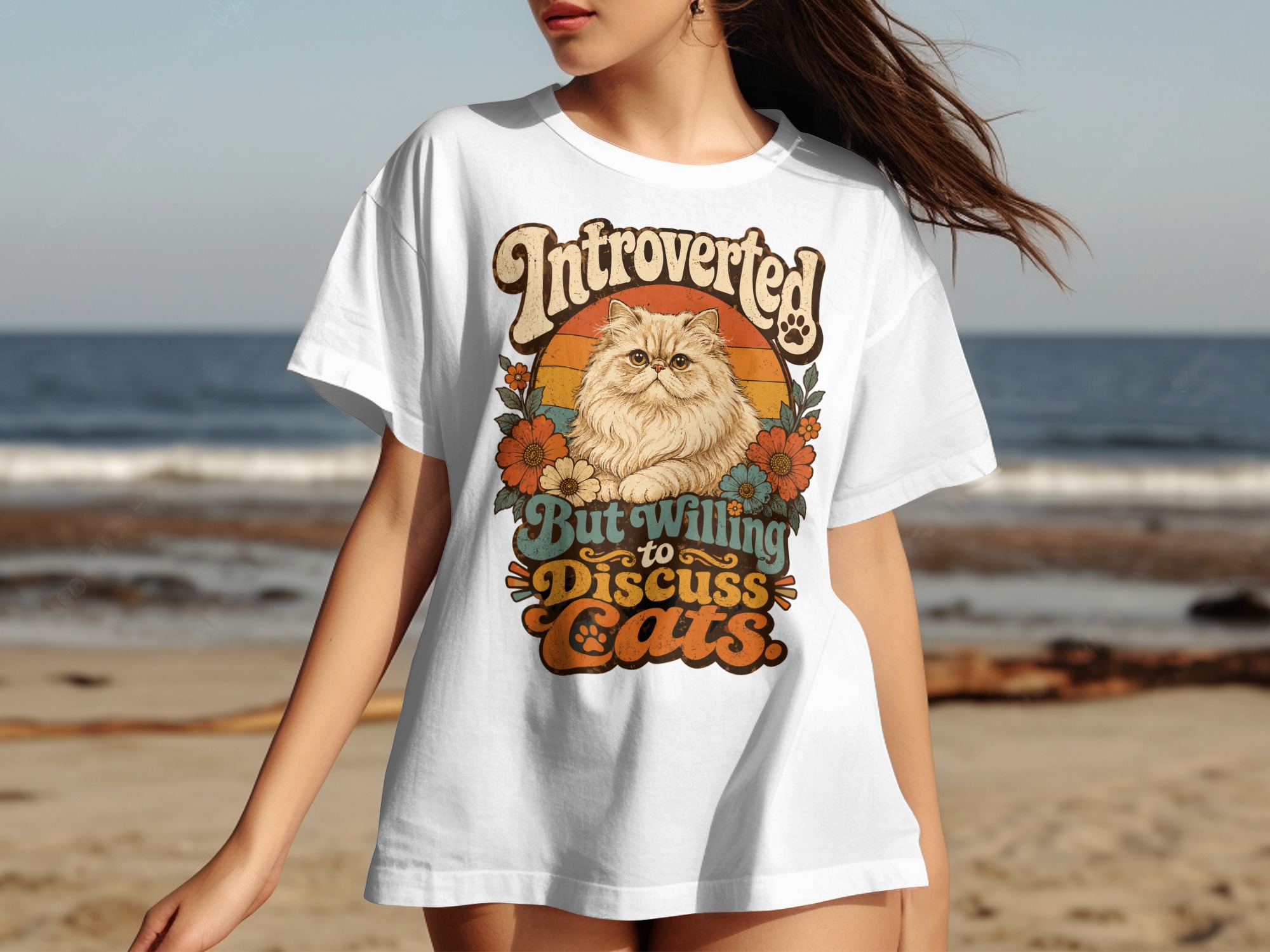 Introverted But Willing to Discuss Cats T-Shirt | Retro Cat Lover Tee | Funny Persian Cat Mom Gift | Vintage Pet Owner Aesthetic Shirt - Image 16
