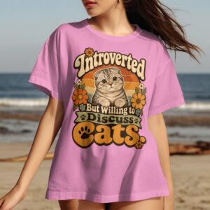 Introverted But Willing to Discuss Cats Retro T-Shirt, Cute Scottish Fold Cat Lover Gift Tee, Funny Feline Mom Dad Apparel, Vintage 70s