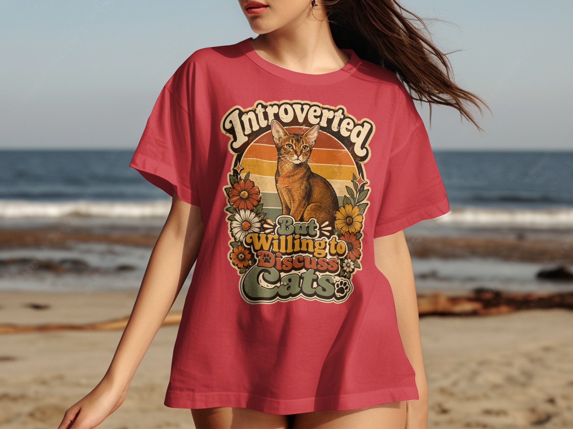 Introverted But Willing To Discuss Cats T-Shirt | Retro Cat Lover Shirt, Funny Cat Mom Gift, Vintage Pet Owner Tee, Boho Floral Kitty - Image 13