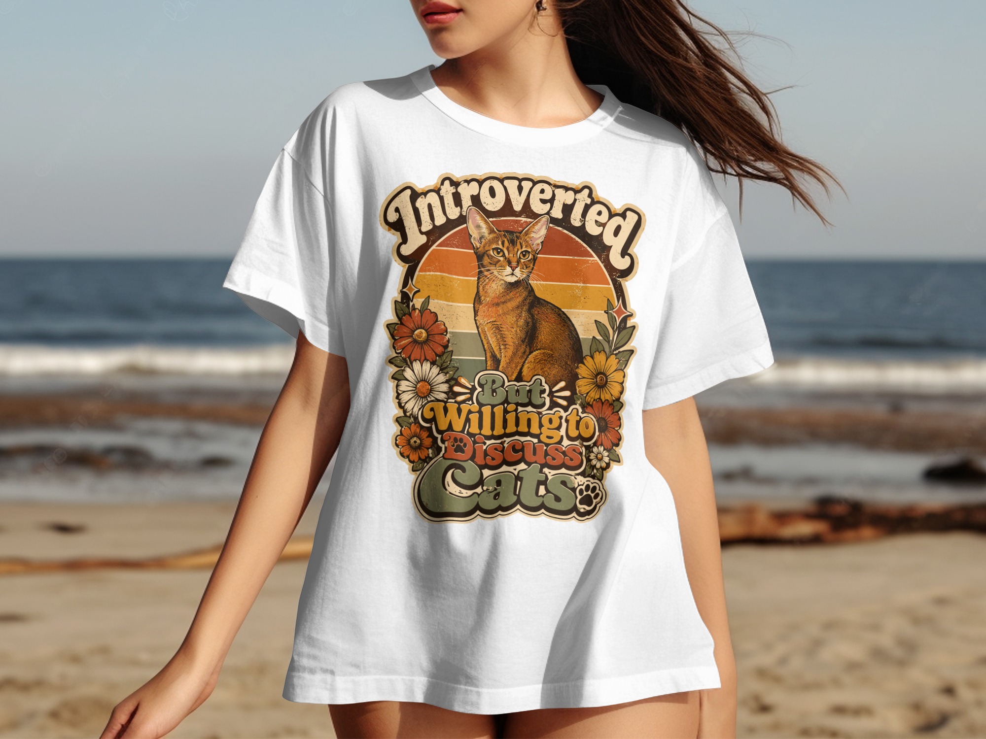 Introverted But Willing To Discuss Cats T-Shirt | Retro Cat Lover Shirt, Funny Cat Mom Gift, Vintage Pet Owner Tee, Boho Floral Kitty - Image 16
