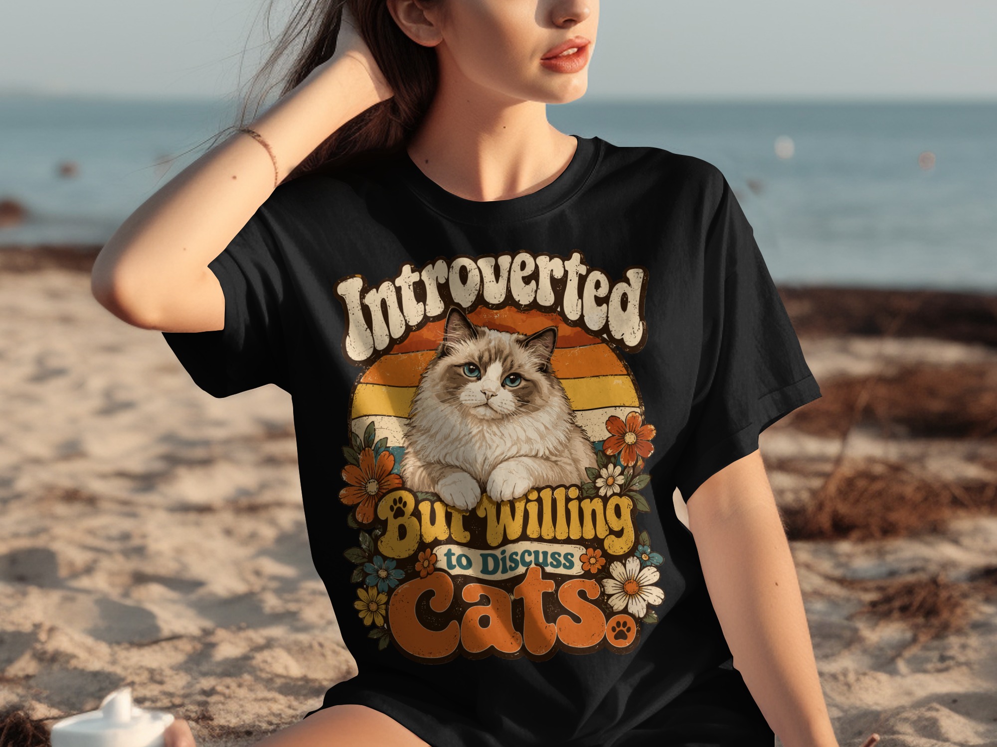 Introverted But Willing to Discuss Cats T-Shirt, Funny Introvert Cat Lover Tee, Vintage Retro 70s Style Fluffy Cat Shirt, Groovy Pet Owner - Image 2