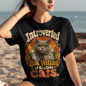 Introverted But Willing To Discuss Cats T-Shirt, Funny Cat Lover Gift Tee, Retro Vintage Pet Shirt, Animal Humor Aesthetic Cat Mom Crewneck