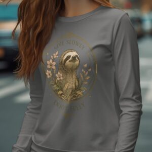 Sloth Long Sleeve T-Shirt, Live Slowly Enjoy Fully Tee, Cute Animal Slow Living Top, Art Nouveau Floral Shirt, Cozy Nature Lover Gift