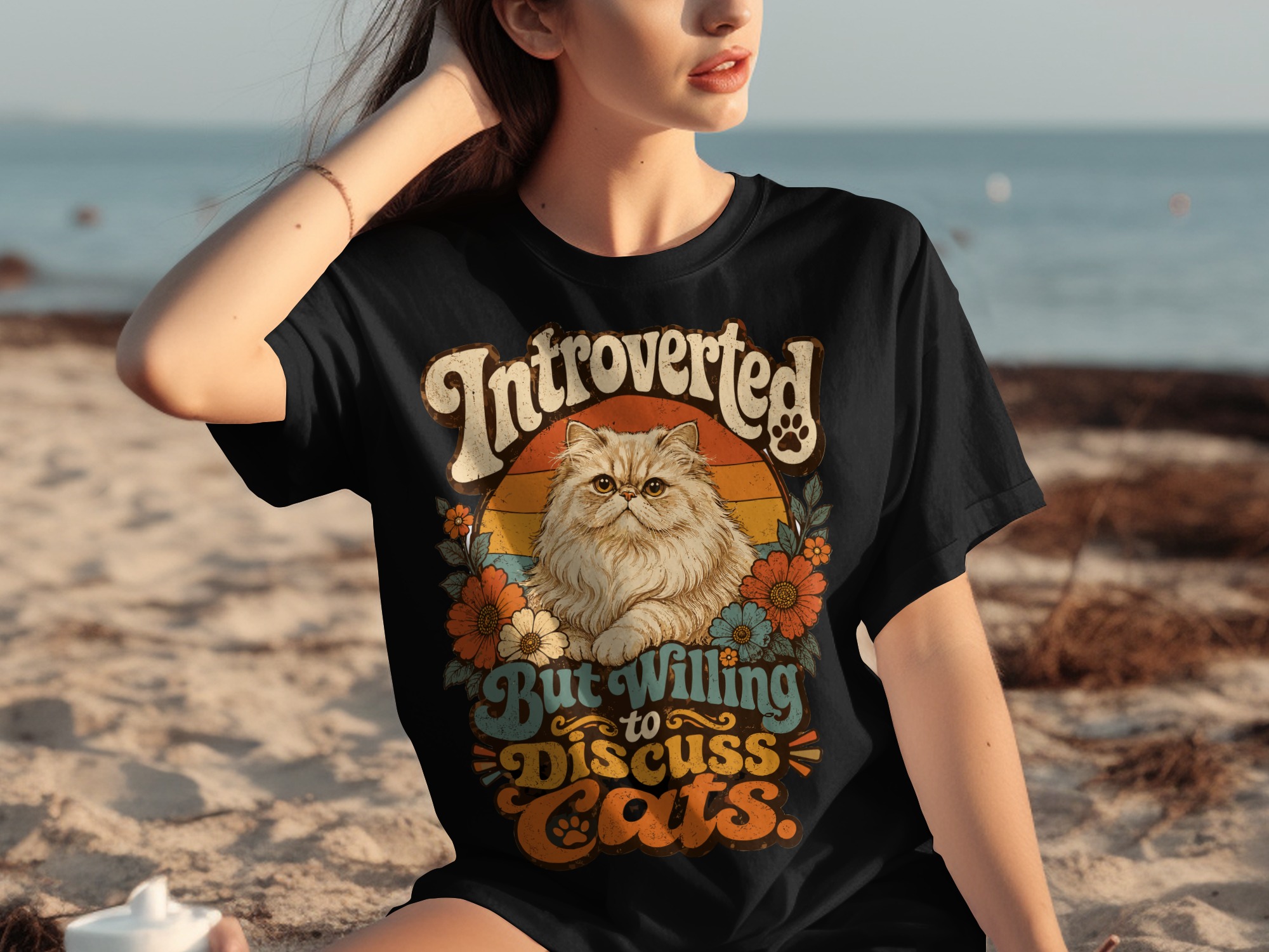 Introverted But Willing to Discuss Cats T-Shirt | Retro Cat Lover Tee | Funny Persian Cat Mom Gift | Vintage Pet Owner Aesthetic Shirt - Image 2