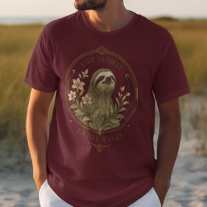 Live Slowly Enjoy Fully Sloth T-Shirt, Art Nouveau Botanical Slow Living Tee, Cozy Aesthetic Nature Lover Gift
