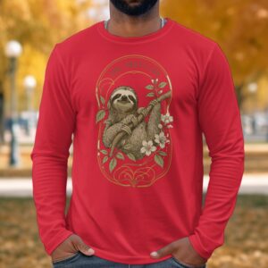 Sloth Long Sleeve T-Shirt | The Sweet Life Relaxed Nature Lover Tee | Cozy Animal Aesthetic | Vintage Style Art Nouveau Gift for Her