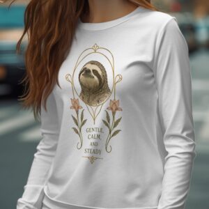 Gentle Sloth Long Sleeve T-Shirt, Calm and Steady Art Nouveau Aesthetic Sloth Tee, Nature Lover Mindfulness Gift for Her, Cozy Animal Top