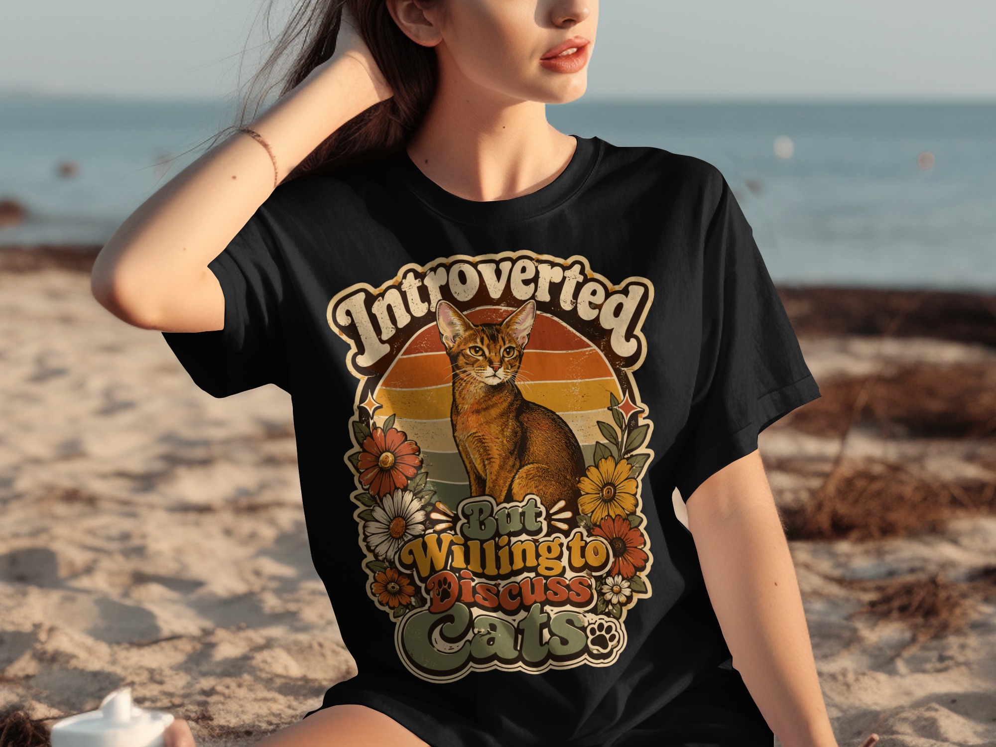 Introverted But Willing To Discuss Cats T-Shirt | Retro Cat Lover Shirt, Funny Cat Mom Gift, Vintage Pet Owner Tee, Boho Floral Kitty - Image 2