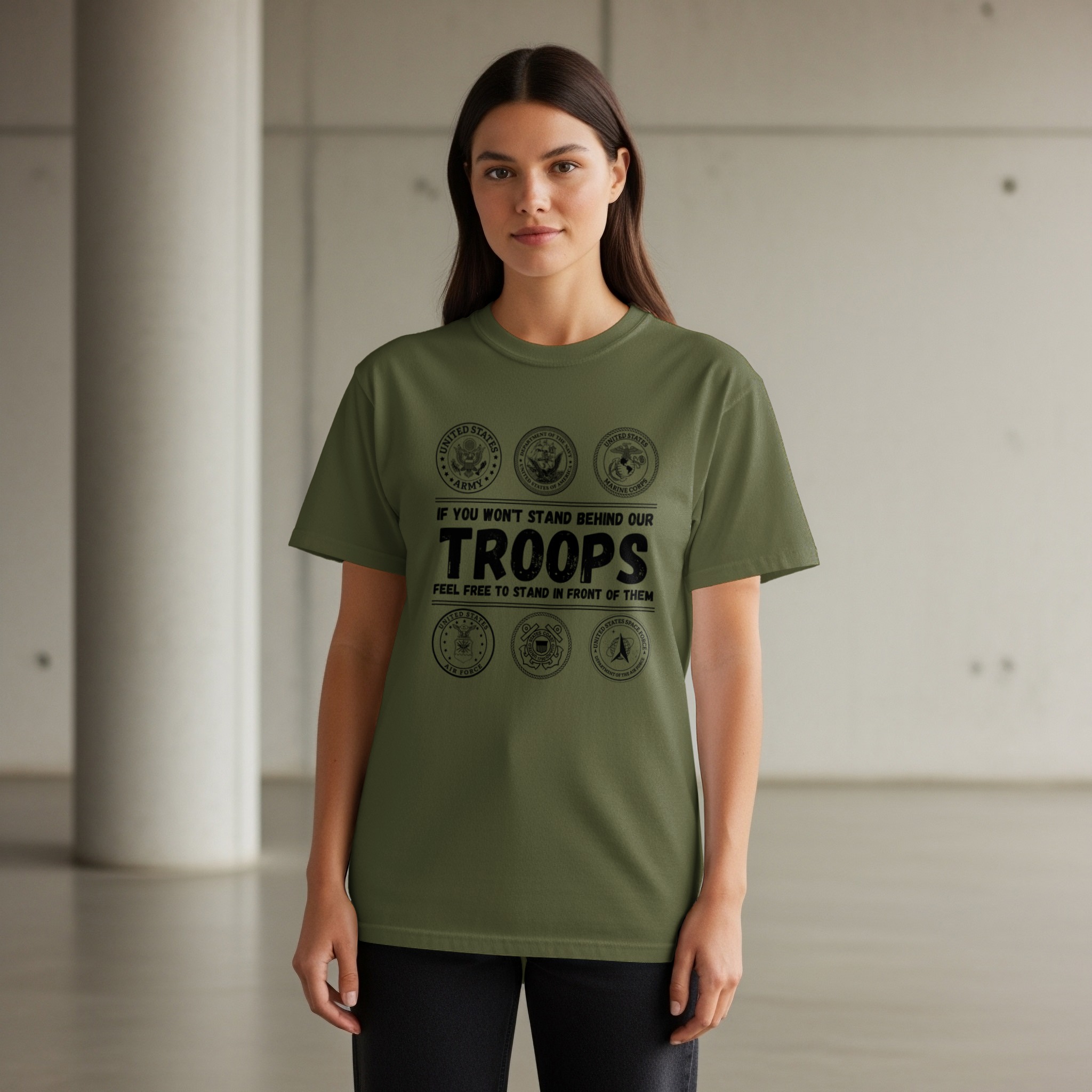 Stand Behind Our Troops Military T-Shirt | Patriotic US Armed Forces Veteran Shirt | Army Navy Marine Air Force Tee - Image 3