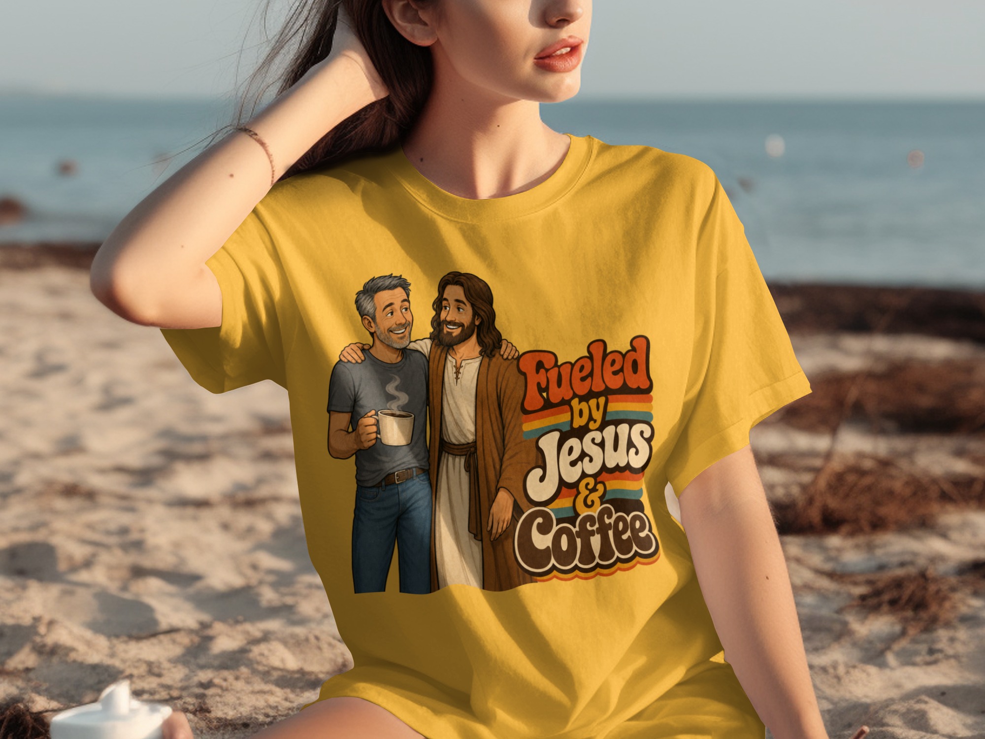 Fueled by Jesus & Coffee T-Shirt | Retro Christian Faith Tee Vintage Jesus Lover Gift for Him Her Spiritual Coffee Lover Apparel - Image 15