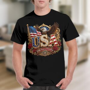 Patriotic USA T-Shirt, American Flag Eagle Design Tee, Faux Gold Ornate 250 Years of Freedom Graphic Shirt, July 4th Gift