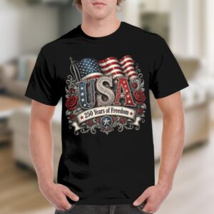 Vintage USA 250 Years of Freedom T-Shirt, Patriotic Flag & Rose Design, Distressed Americana Art Tee Gift