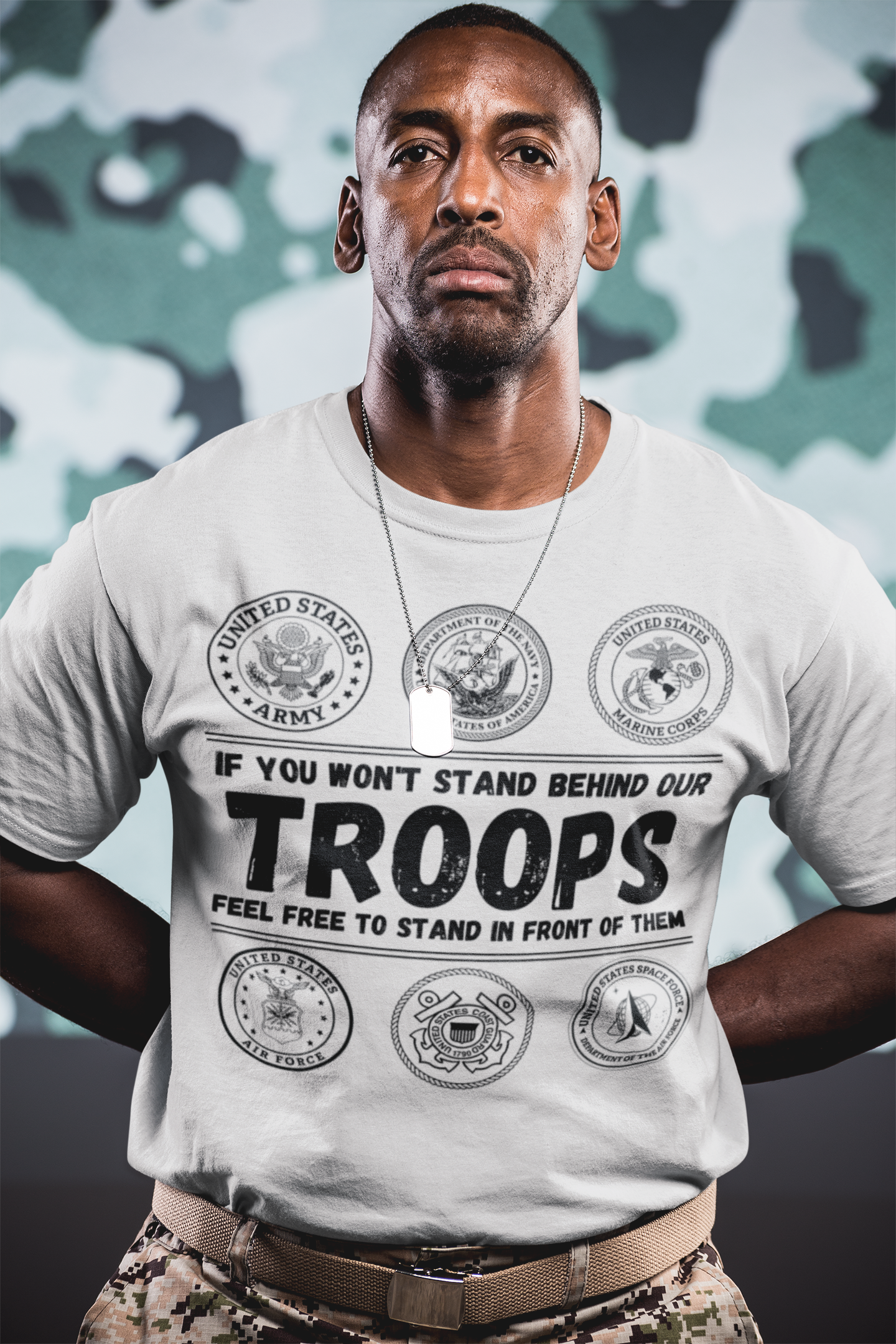 Stand Behind Our Troops Military T-Shirt | Patriotic US Armed Forces Veteran Shirt | Army Navy Marine Air Force Tee