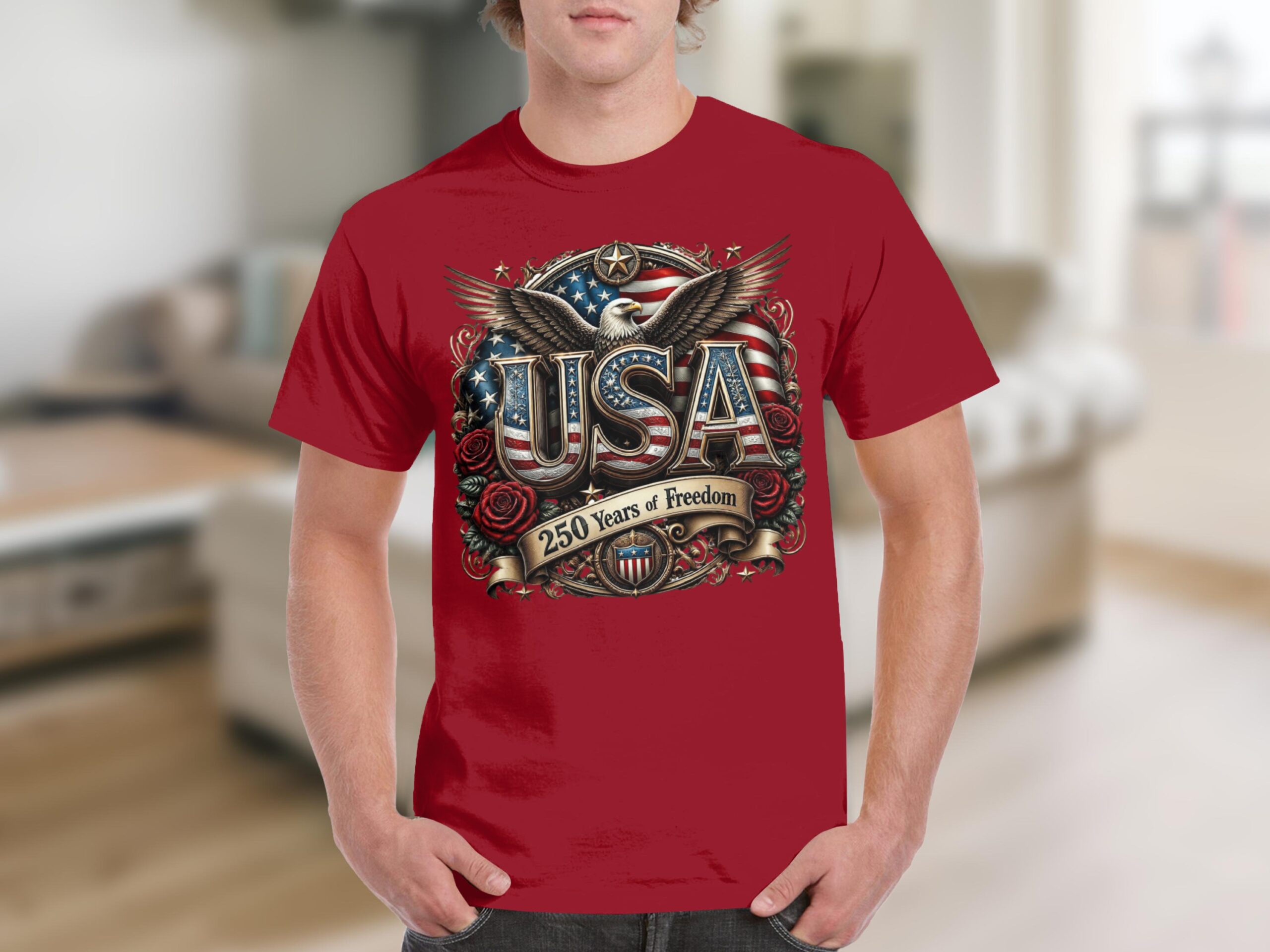 Patriotic USA 250 Years of Freedom T-Shirt, Vintage America Flag Eagle Design Tee, Americana Gift for Veteran - Image 4