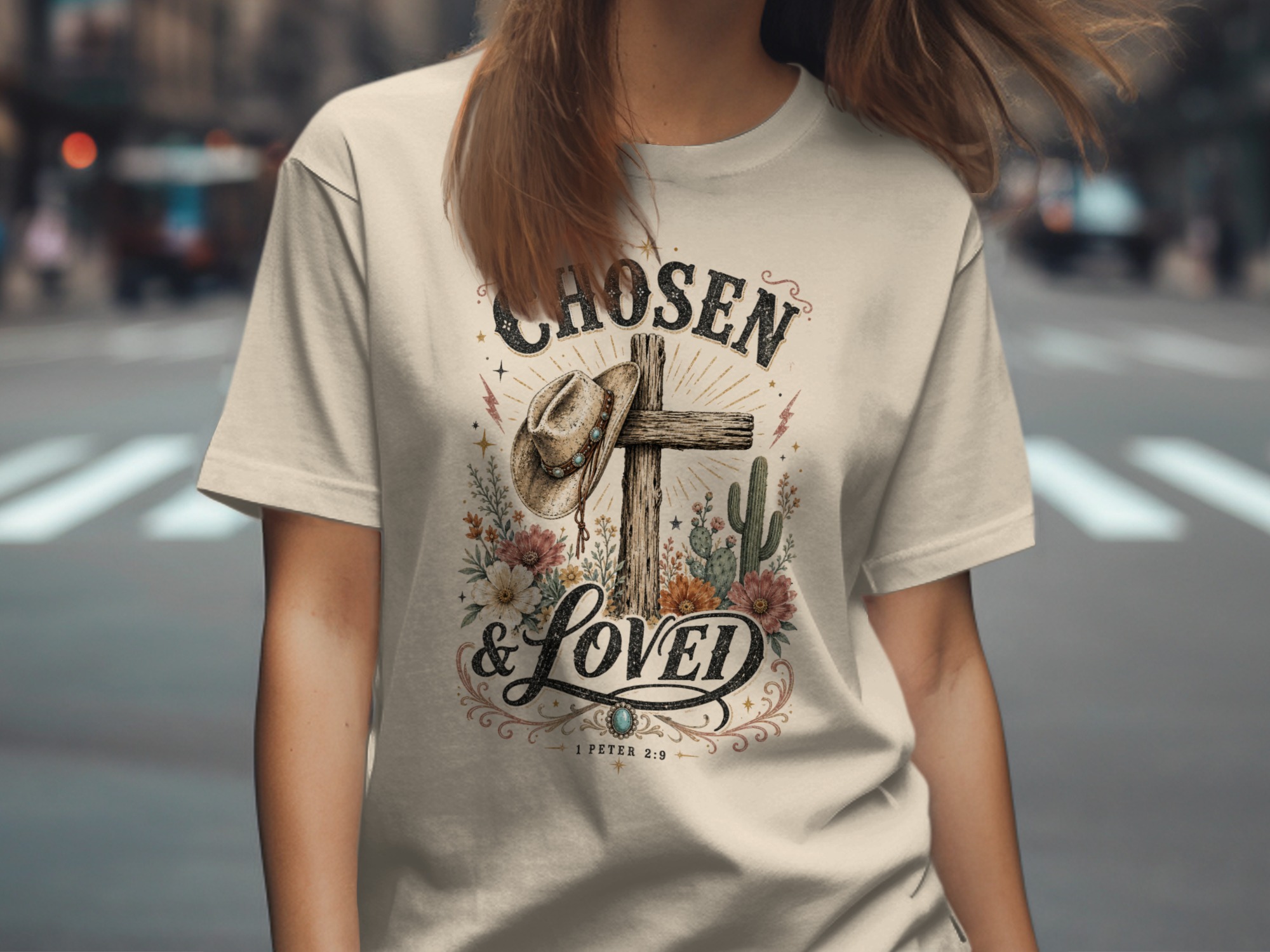 Chosen & Loved Western Christian T-Shirt | Boho Cowgirl Faith Tee, Rustic Cross Scripture 1 Peter 2:9 Top - Image 5