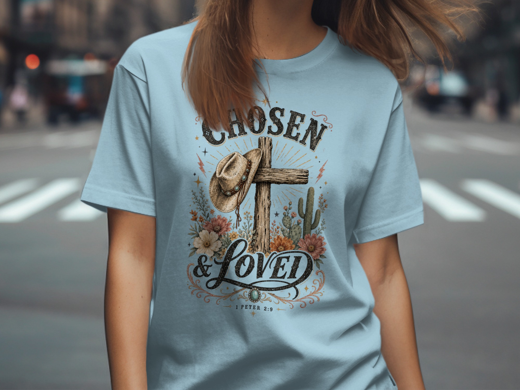 Chosen & Loved Western Christian T-Shirt | Boho Cowgirl Faith Tee, Rustic Cross Scripture 1 Peter 2:9 Top - Image 6