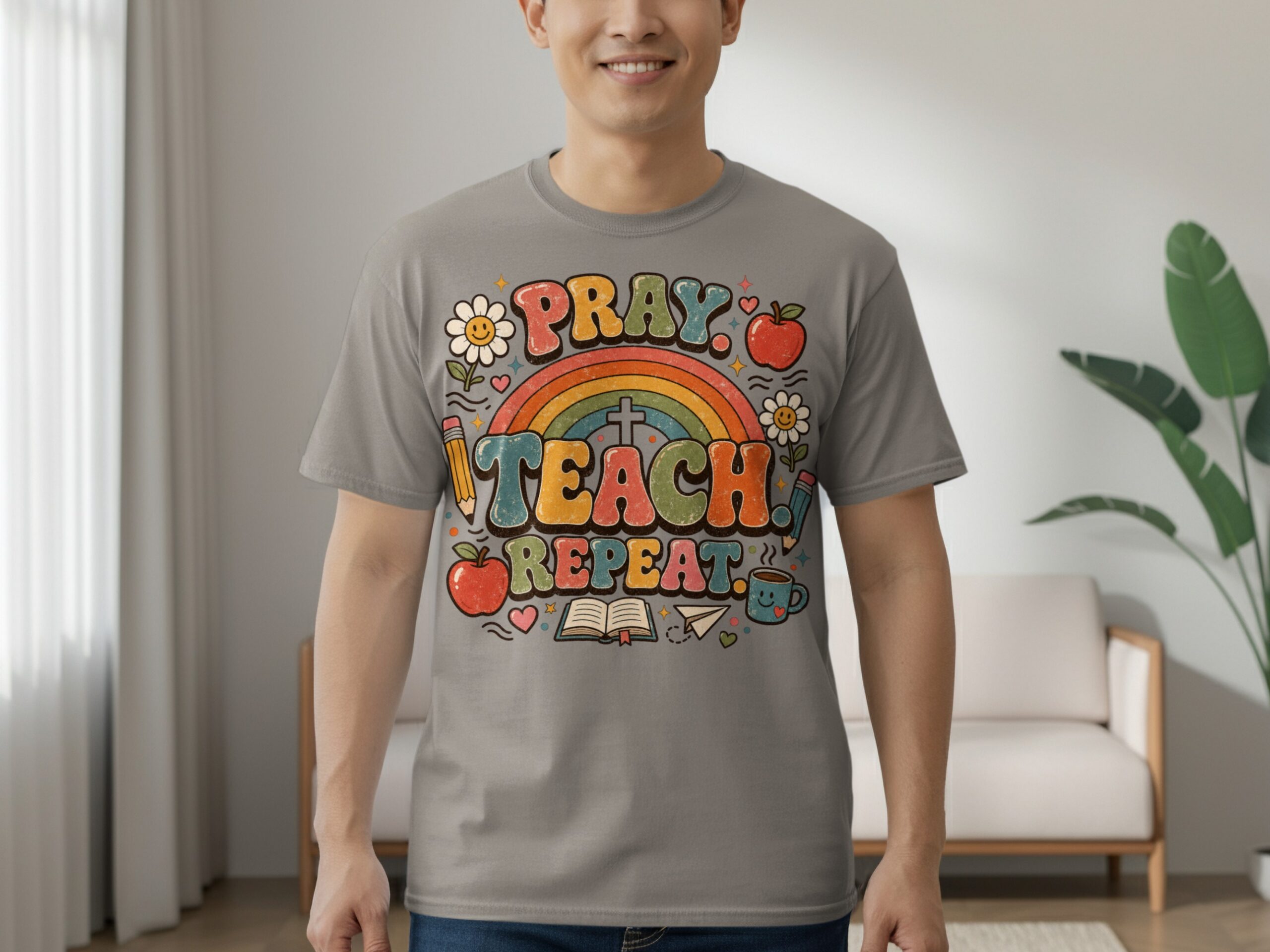 Pray Teach Repeat Teacher T-Shirt, Christian Educator Gift, Retro Groovy Faith School Tee, Boho Rainbow Teacher Apparel for Women - Image 5
