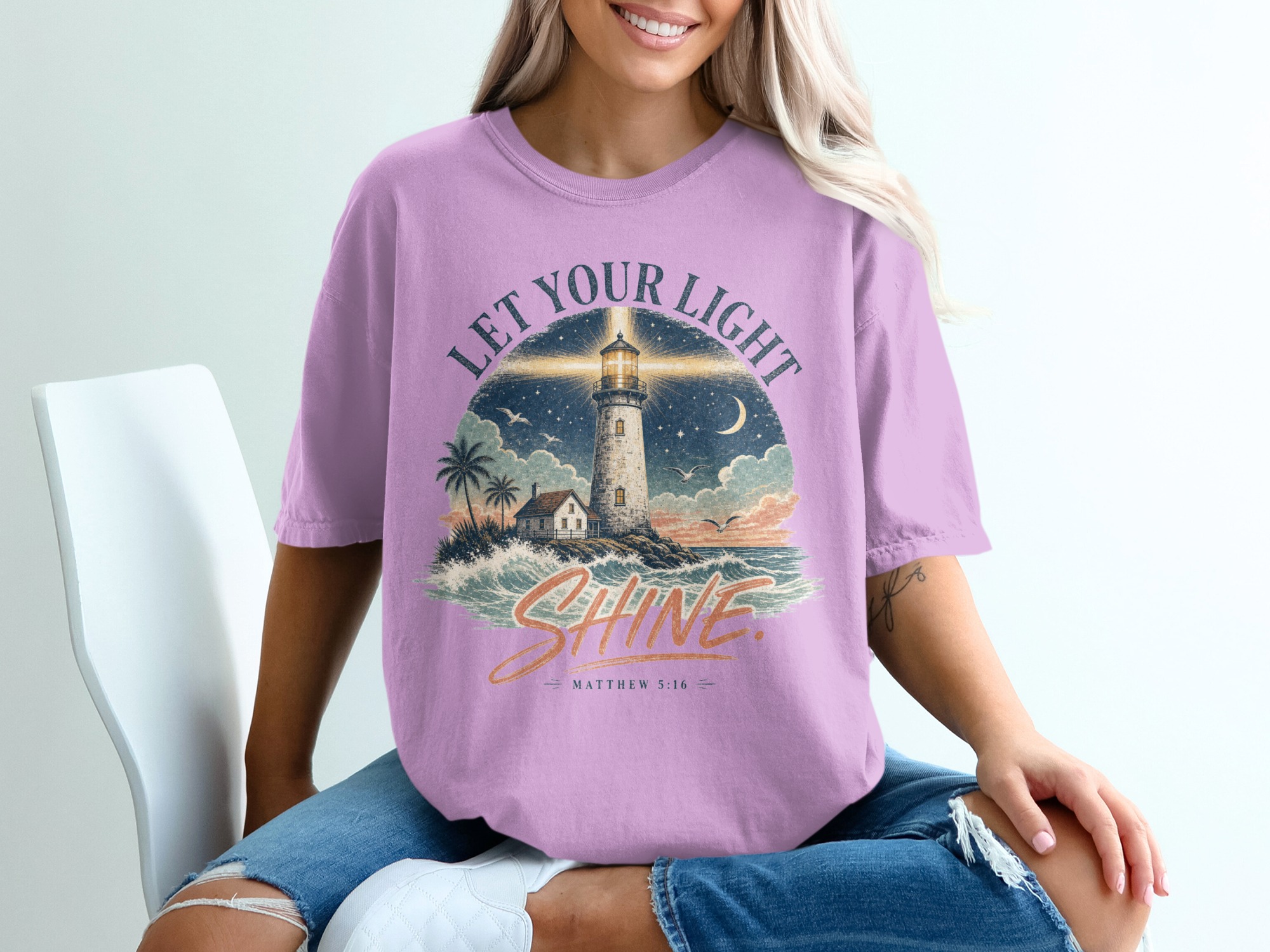 Let Your Light Shine Matthew 5:16 T-Shirt | Christian Lighthouse Verse Tee, Spiritual Faith Gift, Inspirational Apparel - Image 3