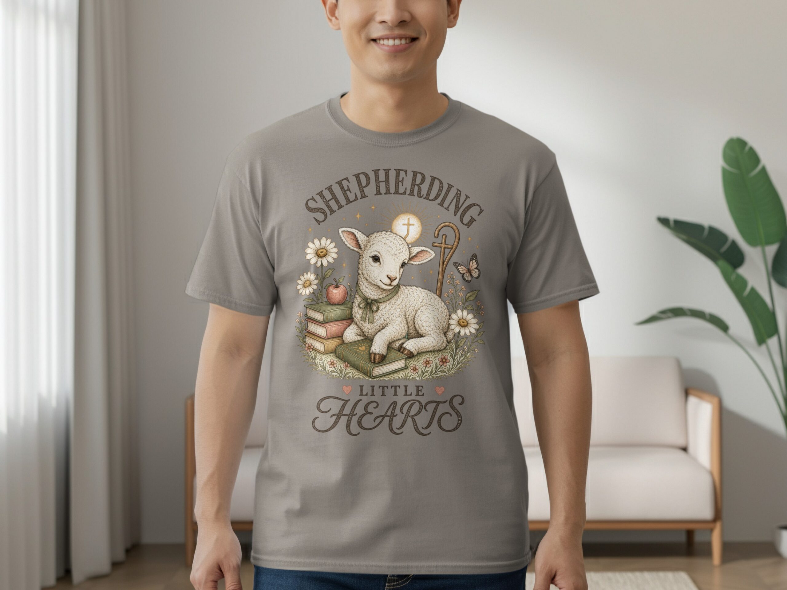 Christian Shepherding Little Hearts T-Shirt | Cute Lamb Daisy Pastor Teacher Gift | Faith-Based Apparel Tee - Image 5