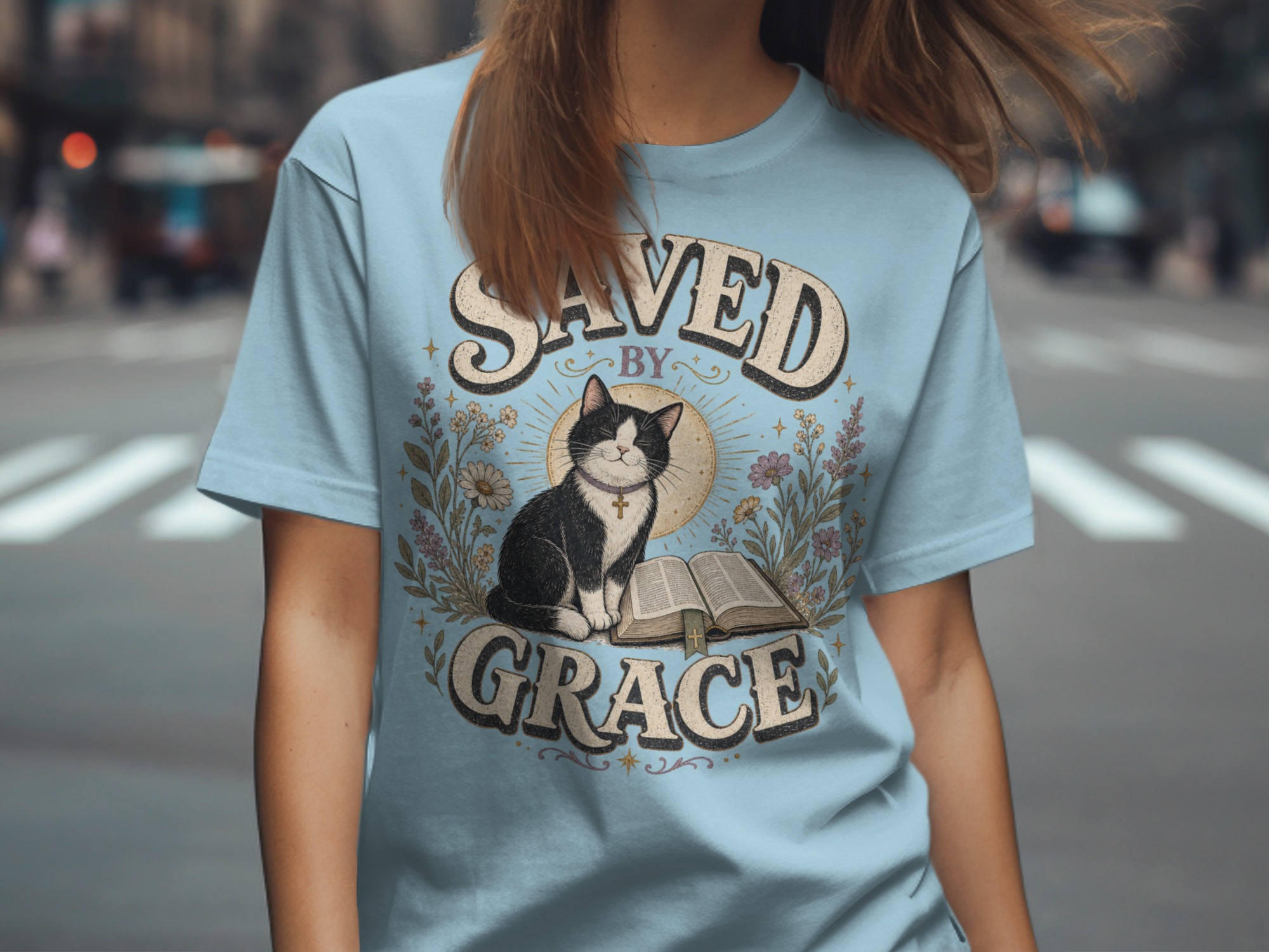 Saved By Grace Christian Cat T-Shirt, Faith Based Tuxedo Kitty and Bible Verse Tee, Cute Religious Floral Women's Gift Shirt - Image 6