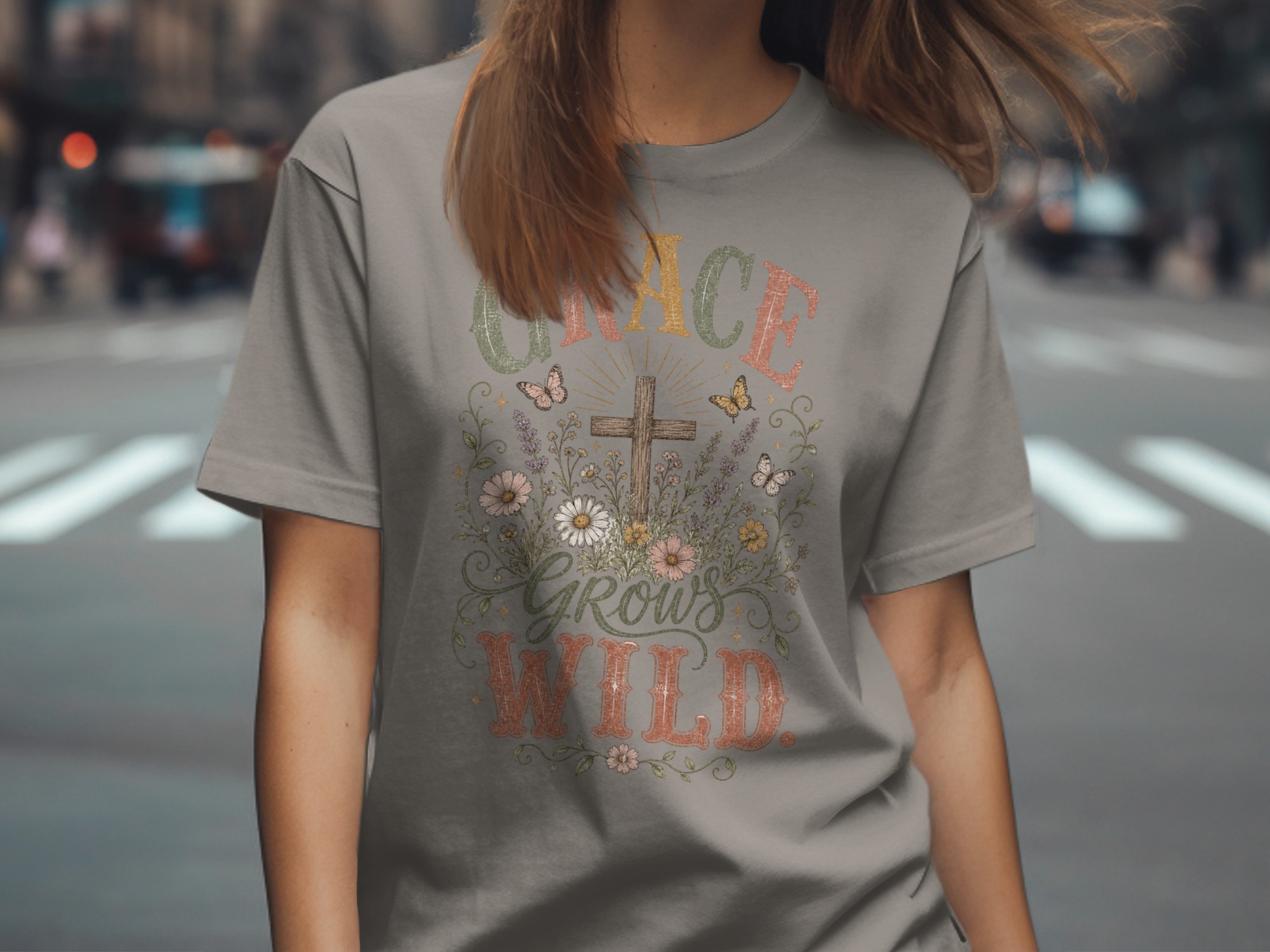 Grace Grows Wild T-Shirt, Christian Faith Tee with Wildflowers & Cross, Boho Inspirational Distressed Religious Shirt, Nature Lover Gift for - Image 8