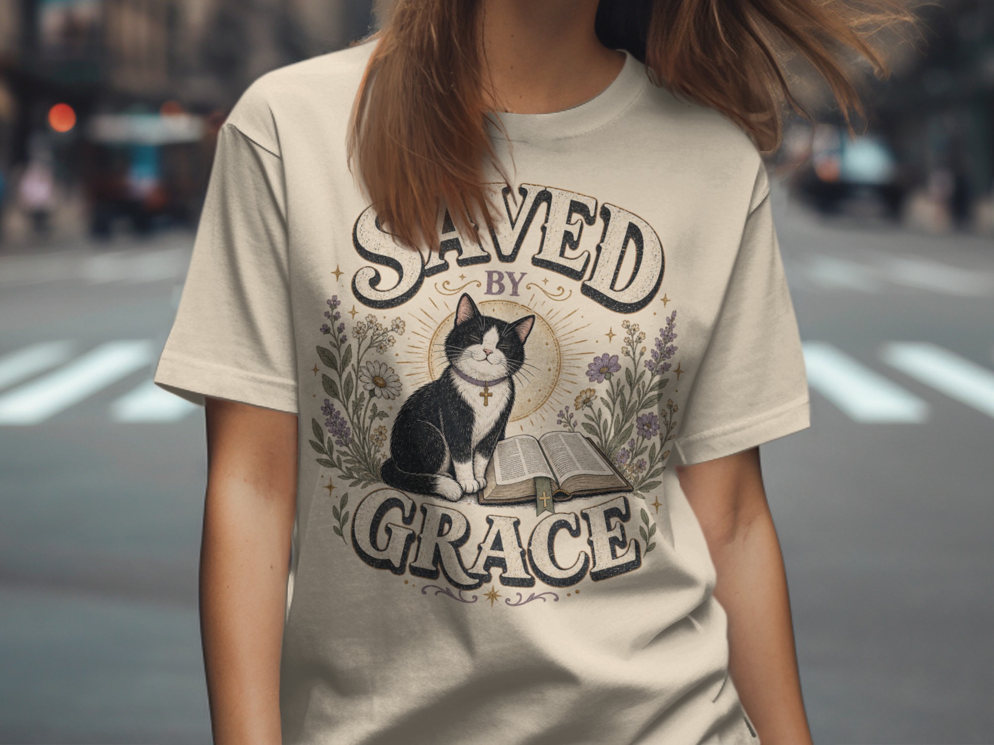 Saved By Grace Christian Cat T-Shirt, Faith Based Tuxedo Kitty and Bible Verse Tee, Cute Religious Floral Women's Gift Shirt - Image 5