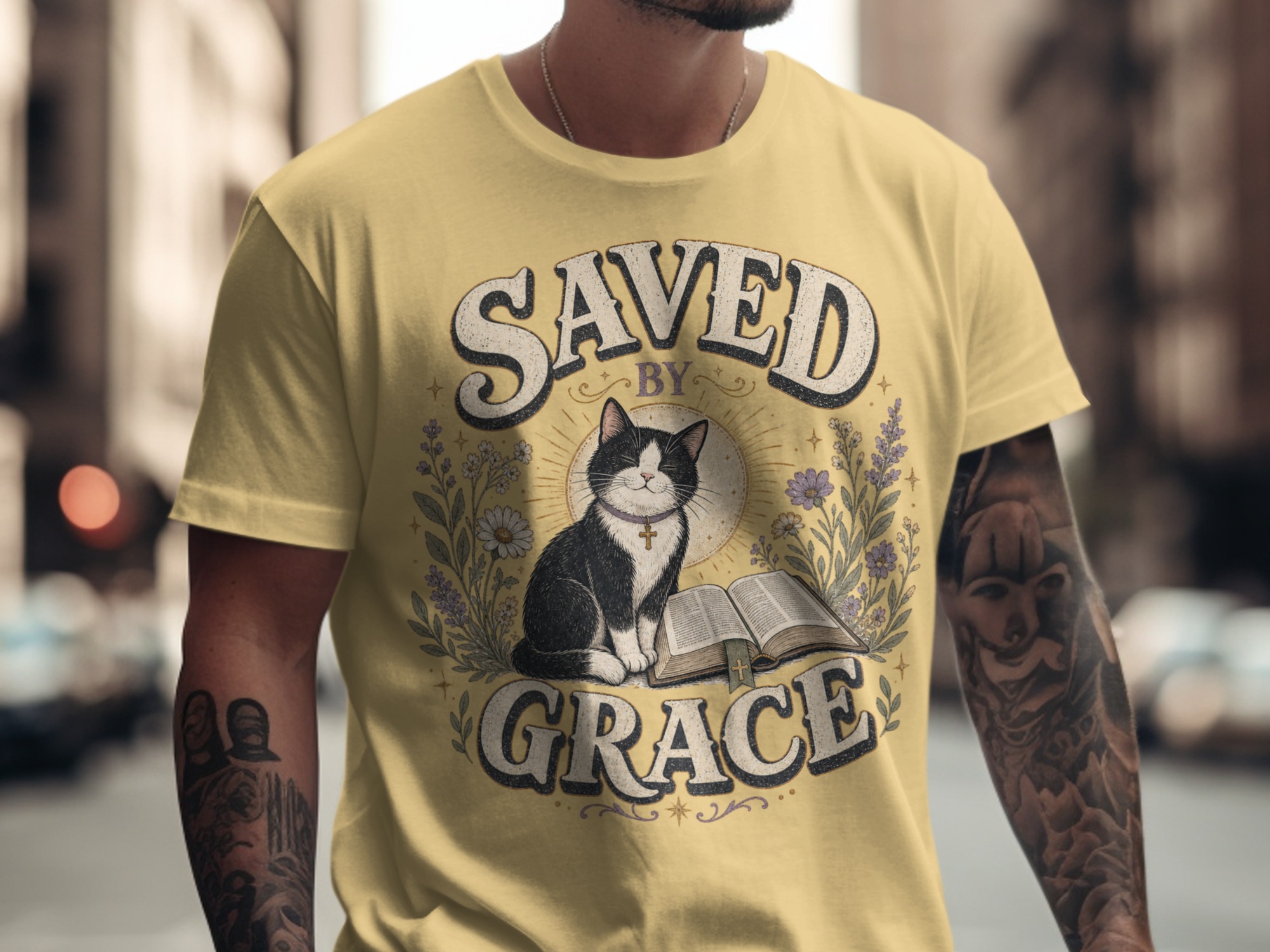 Saved By Grace Christian Cat T-Shirt, Faith Based Tuxedo Kitty and Bible Verse Tee, Cute Religious Floral Women's Gift Shirt - Image 9