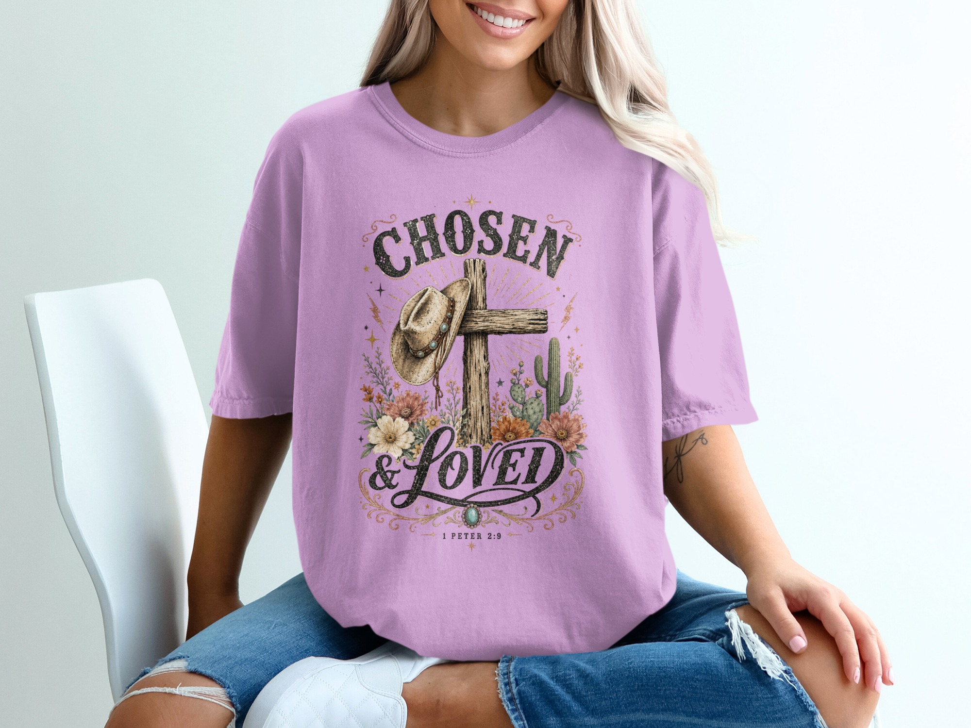 Chosen & Loved Western Christian T-Shirt | Boho Cowgirl Faith Tee, Rustic Cross Scripture 1 Peter 2:9 Top - Image 3
