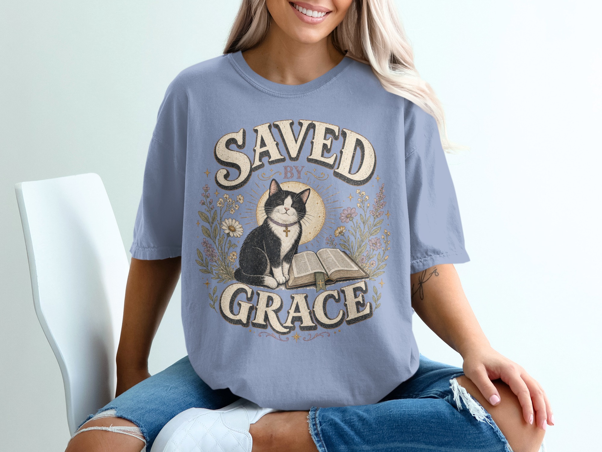 Saved By Grace Christian Cat T-Shirt, Faith Based Tuxedo Kitty and Bible Verse Tee, Cute Religious Floral Women's Gift Shirt - Image 4