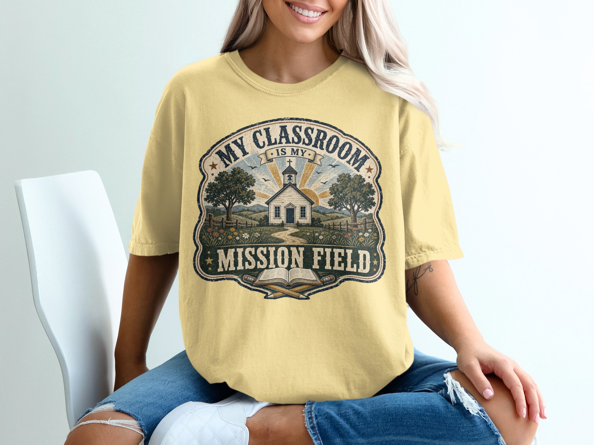 Vintage Classroom Mission Field Teacher T-Shirt, Christian Educator Gift, Schoolhouse Faith Driven Tee, Teacher Appreciation Shirt - Image 8