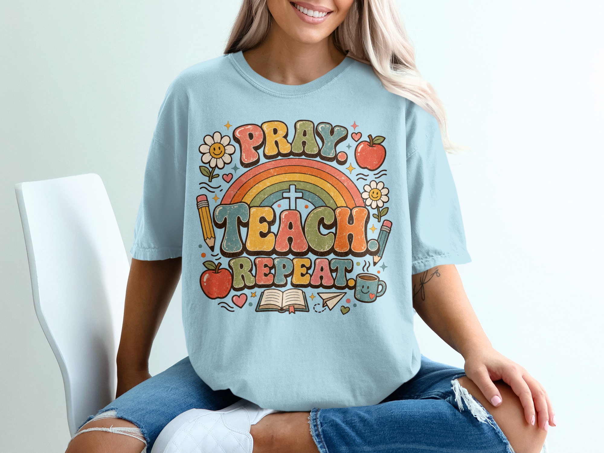 Pray Teach Repeat Teacher T-Shirt, Christian Educator Gift, Retro Groovy Faith School Tee, Boho Rainbow Teacher Apparel for Women - Image 9