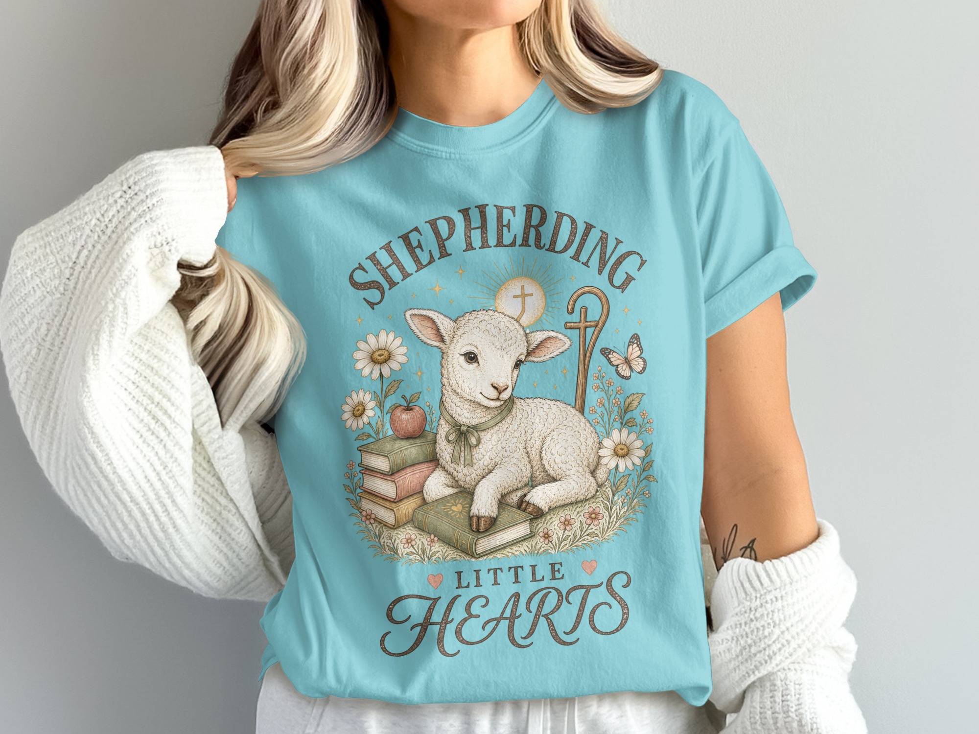 Christian Shepherding Little Hearts T-Shirt | Cute Lamb Daisy Pastor Teacher Gift | Faith-Based Apparel Tee - Image 11